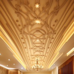 A lavish false ceiling design suitable for a 4BHK house, featuring elegant patterns, soft illumination, and affluence in detail