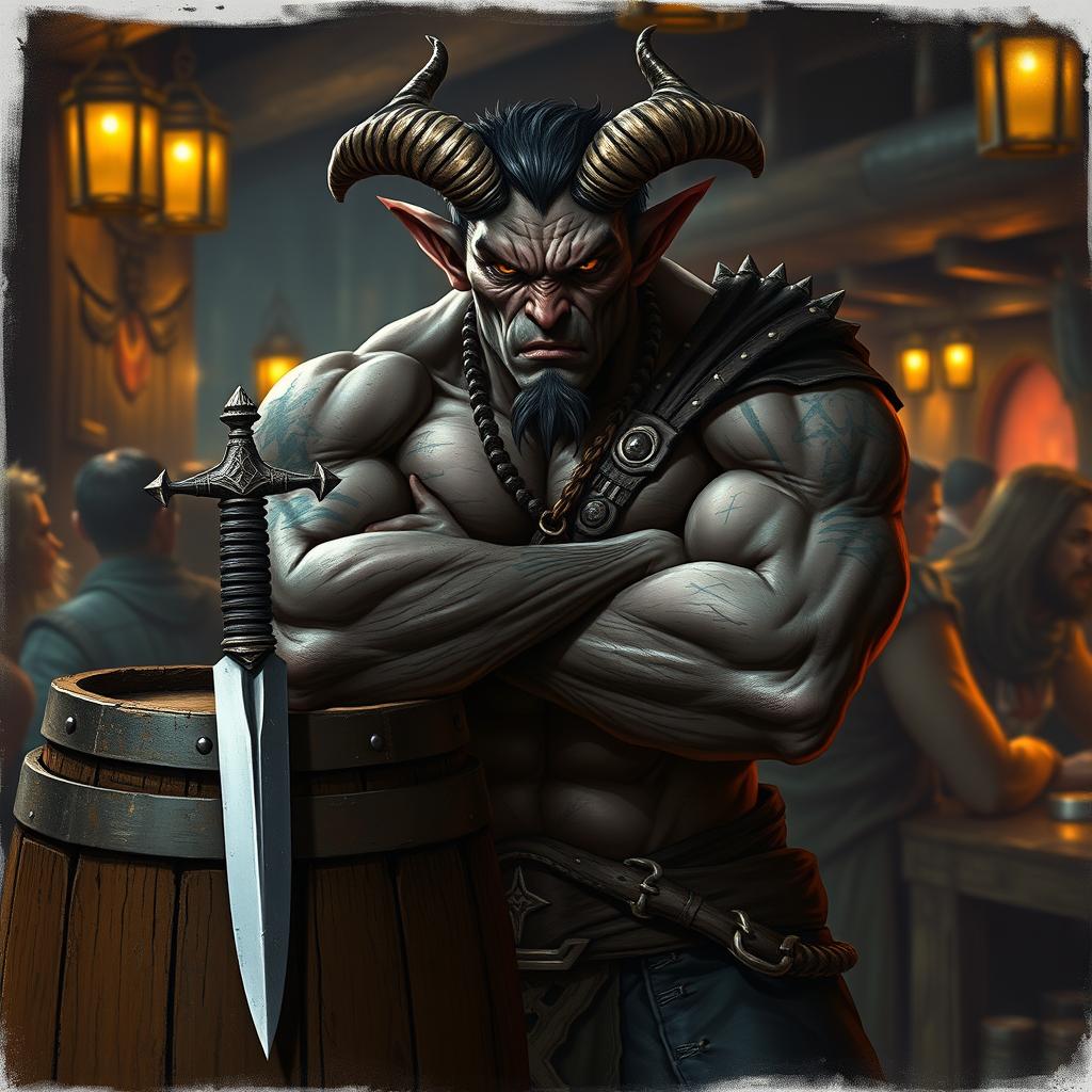 A mean-looking, very muscular male Tiefling with numerous scars stands menacingly with his arms crossed next to a barrel that has a dagger firmly embedded in it