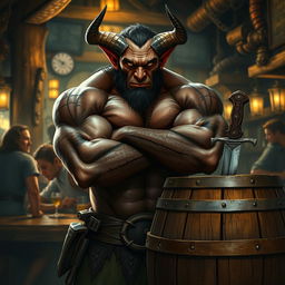 A mean-looking, very muscular male Tiefling with numerous scars stands menacingly with his arms crossed next to a barrel that has a dagger firmly embedded in it