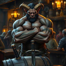 A mean-looking, very muscular male Tiefling with numerous scars stands menacingly with his arms crossed next to a barrel that has a dagger firmly embedded in it