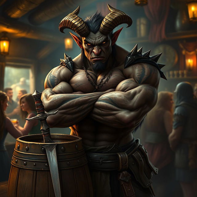 A mean-looking, very muscular male Tiefling with numerous scars stands menacingly with his arms crossed next to a barrel that has a dagger firmly embedded in it