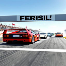 A dynamic racing scene depicting a Ferrari F40 triumphantly crossing the finish line ahead of its competitors: a Lamborghini Countach, Lamborghini Miura, McLaren F1, and a Toyota Supra