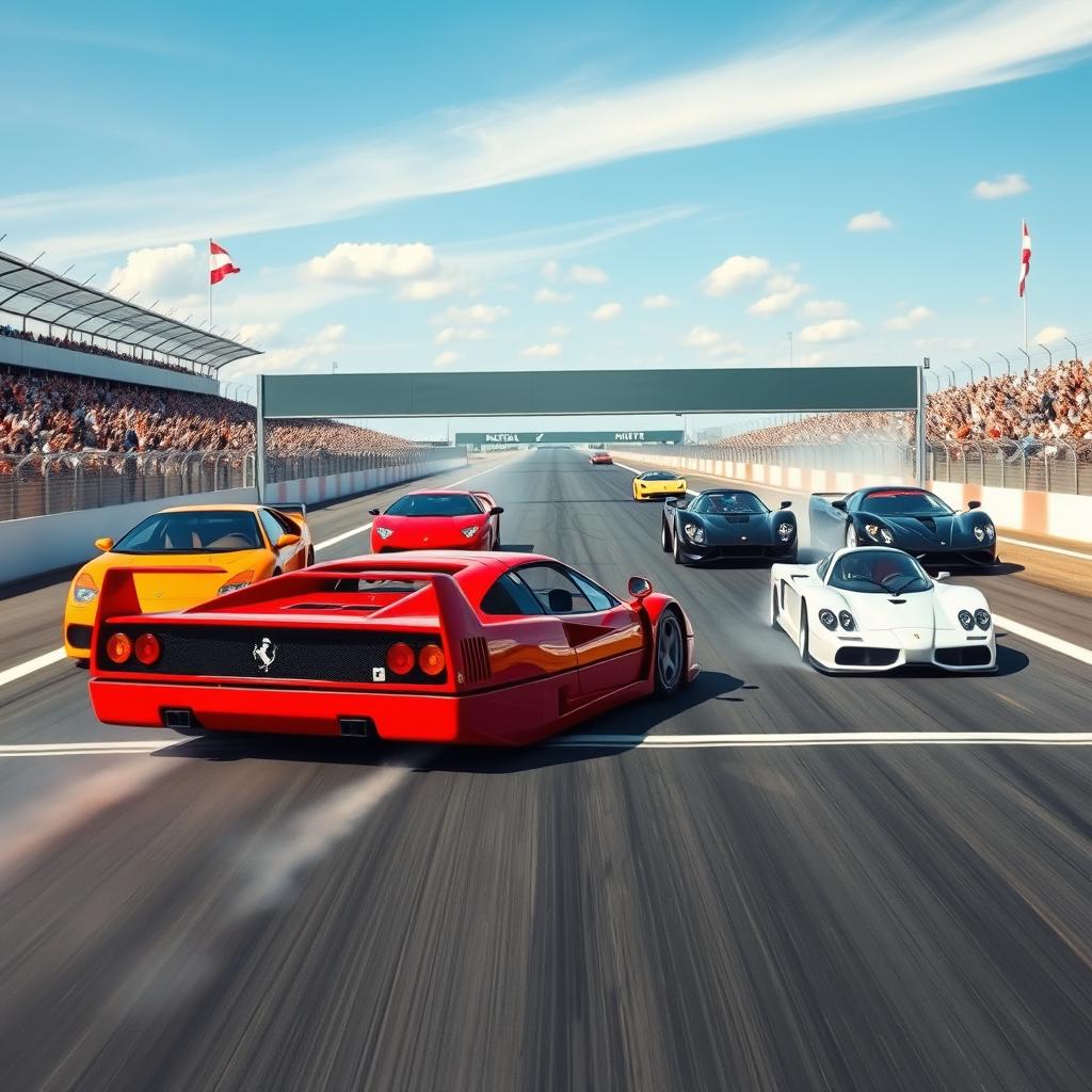 A dynamic racing scene depicting a Ferrari F40 triumphantly crossing the finish line ahead of its competitors: a Lamborghini Countach, Lamborghini Miura, McLaren F1, and a Toyota Supra