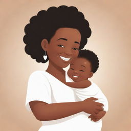 A cartoon illustration of a loving black mother holding a white baby, both smiling warmly. The style is friendly and endearing, radiating warmth and familial love.