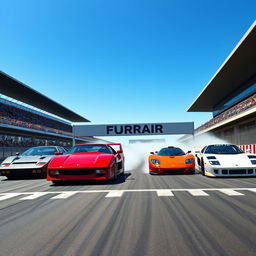 A dynamic racing scene depicting a Ferrari F40 triumphantly crossing the finish line ahead of its competitors: a Lamborghini Countach, Lamborghini Miura, McLaren F1, and a Toyota Supra