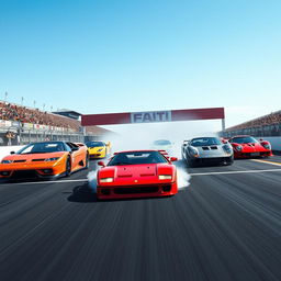 A dynamic racing scene depicting a Ferrari F40 triumphantly crossing the finish line ahead of its competitors: a Lamborghini Countach, Lamborghini Miura, McLaren F1, and a Toyota Supra