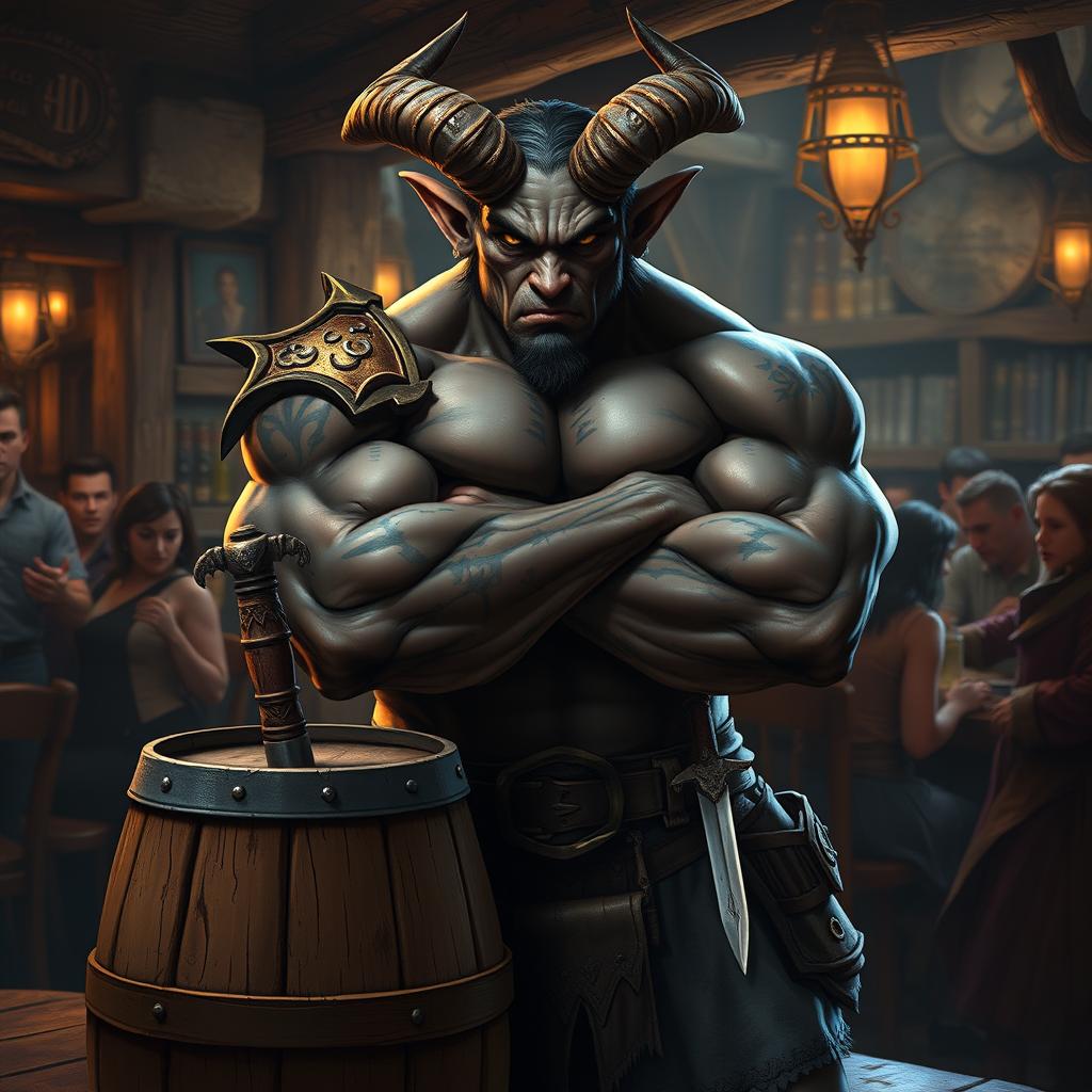 A mean-looking, very muscular male Tiefling with numerous scars stands intimidatingly with his arms crossed next to a small barrel that has a dagger firmly stuck in it