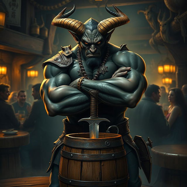 A mean-looking, very muscular male Tiefling with numerous scars stands intimidatingly with his arms crossed next to a small barrel that has a dagger firmly stuck in it