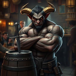 A mean-looking, very muscular male Tiefling with numerous scars stands intimidatingly with his arms crossed next to a barrel that has a dagger firmly stuck in it