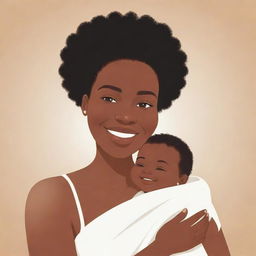 A cartoon illustration of a loving black mother holding a white baby, both smiling warmly. The style is friendly and endearing, radiating warmth and familial love.