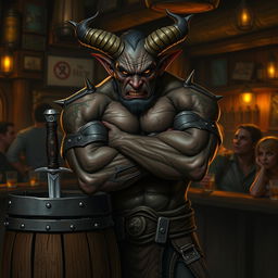 A mean-looking, very muscular male Tiefling with numerous scars stands intimidatingly with his arms crossed next to a barrel that has a dagger firmly stuck in it