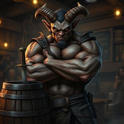 A mean-looking, very muscular male Tiefling with numerous scars stands intimidatingly with his arms crossed next to a barrel that has a dagger firmly stuck in it