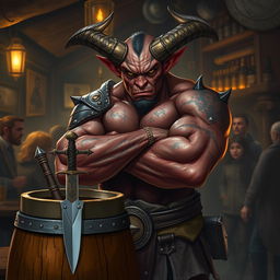 A mean-looking, very muscular male Tiefling with numerous scars stands intimidatingly with his arms crossed next to a barrel that has a dagger firmly stuck in it