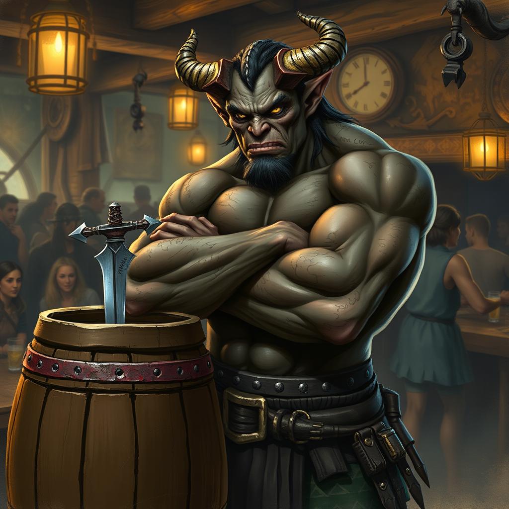 A mean-looking, very muscular male Tiefling with numerous scars stands imposing with his arms crossed next to a barrel that has a dagger firmly lodged in it