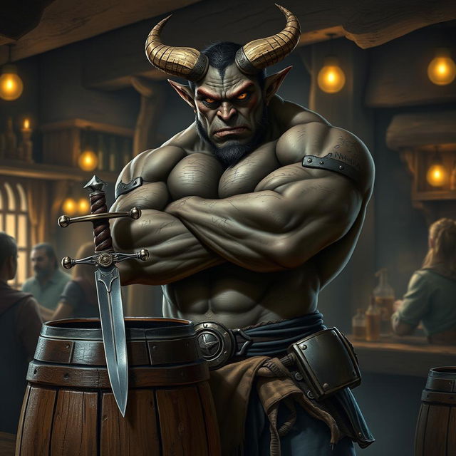 A mean-looking, very muscular male Tiefling with numerous scars stands imposing with his arms crossed next to a barrel that has a dagger firmly lodged in it