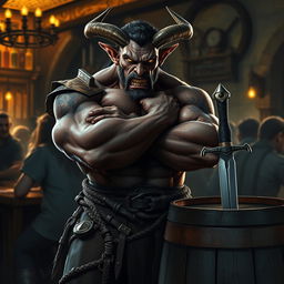 A mean-looking, very muscular male Tiefling with numerous scars stands imposing with his arms crossed next to a barrel that has a dagger firmly lodged in it