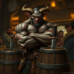 A mean-looking, very muscular male Tiefling with numerous scars stands imposing with his arms crossed next to a barrel that has a dagger firmly lodged in it