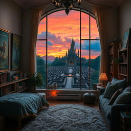 A magical fantasy movie scene set in a cozy bedroom, decorated with vibrant environmental posters