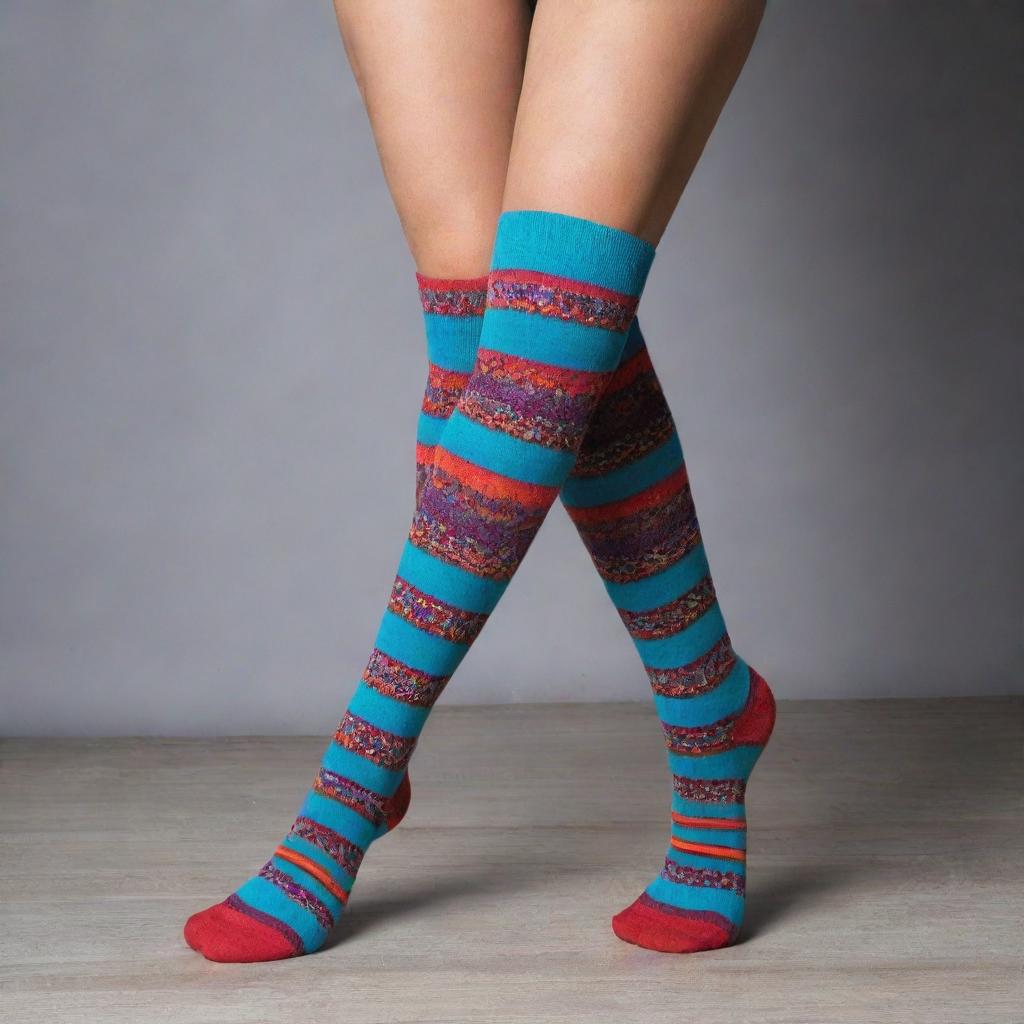 A pair of stylish long socks with striking patterns in vibrant colors.