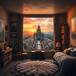 A magical fantasy movie scene set in a cozy bedroom, decorated with vibrant environmental posters