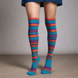 A pair of stylish long socks with striking patterns in vibrant colors.