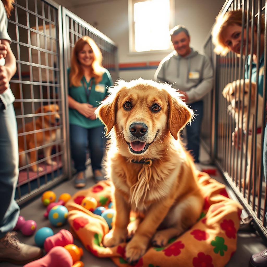 A heartwarming scene depicting a playful, fluffy dog in an animal shelter, surrounded by cheerful volunteers