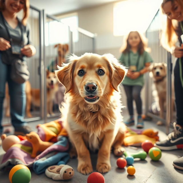 A heartwarming scene depicting a playful, fluffy dog in an animal shelter, surrounded by cheerful volunteers