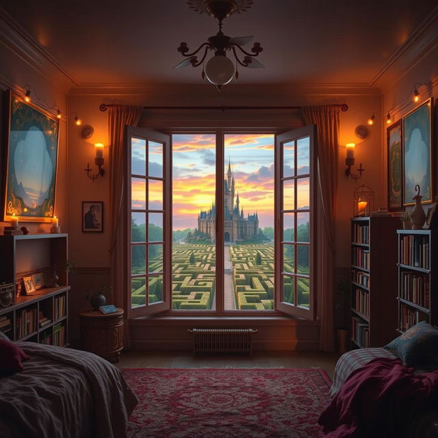 A magical fantasy movie scene set in a cozy bedroom, decorated with vibrant environmental posters