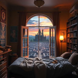 A magical fantasy movie scene set in a cozy bedroom, decorated with vibrant environmental posters