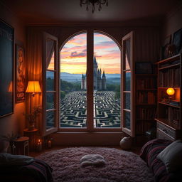 A magical fantasy movie scene set in a cozy bedroom, decorated with vibrant environmental posters