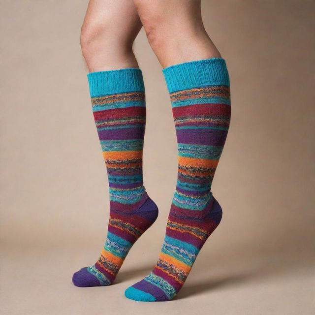 A pair of stylish long socks with striking patterns in vibrant colors.