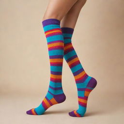 A pair of stylish long socks with striking patterns in vibrant colors.