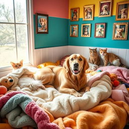 A heartwarming scene of a dog in a serene animal shelter (SPA), surrounded by soft, colorful blankets and plush toys