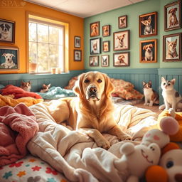 A heartwarming scene of a dog in a serene animal shelter (SPA), surrounded by soft, colorful blankets and plush toys