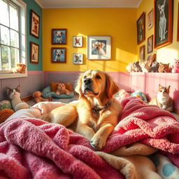 A heartwarming scene of a dog in a serene animal shelter (SPA), surrounded by soft, colorful blankets and plush toys