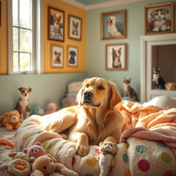 A heartwarming scene of a dog in a serene animal shelter (SPA), surrounded by soft, colorful blankets and plush toys