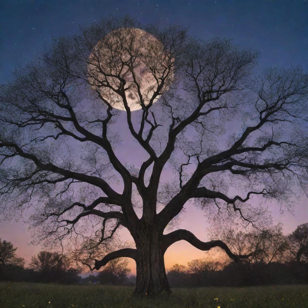 An enchanting scene of an ancient tree with vast branches spanning across the twilight sky, glowing fireflies surrounding it, with the full moon peeking through the silhouette of the leaves.