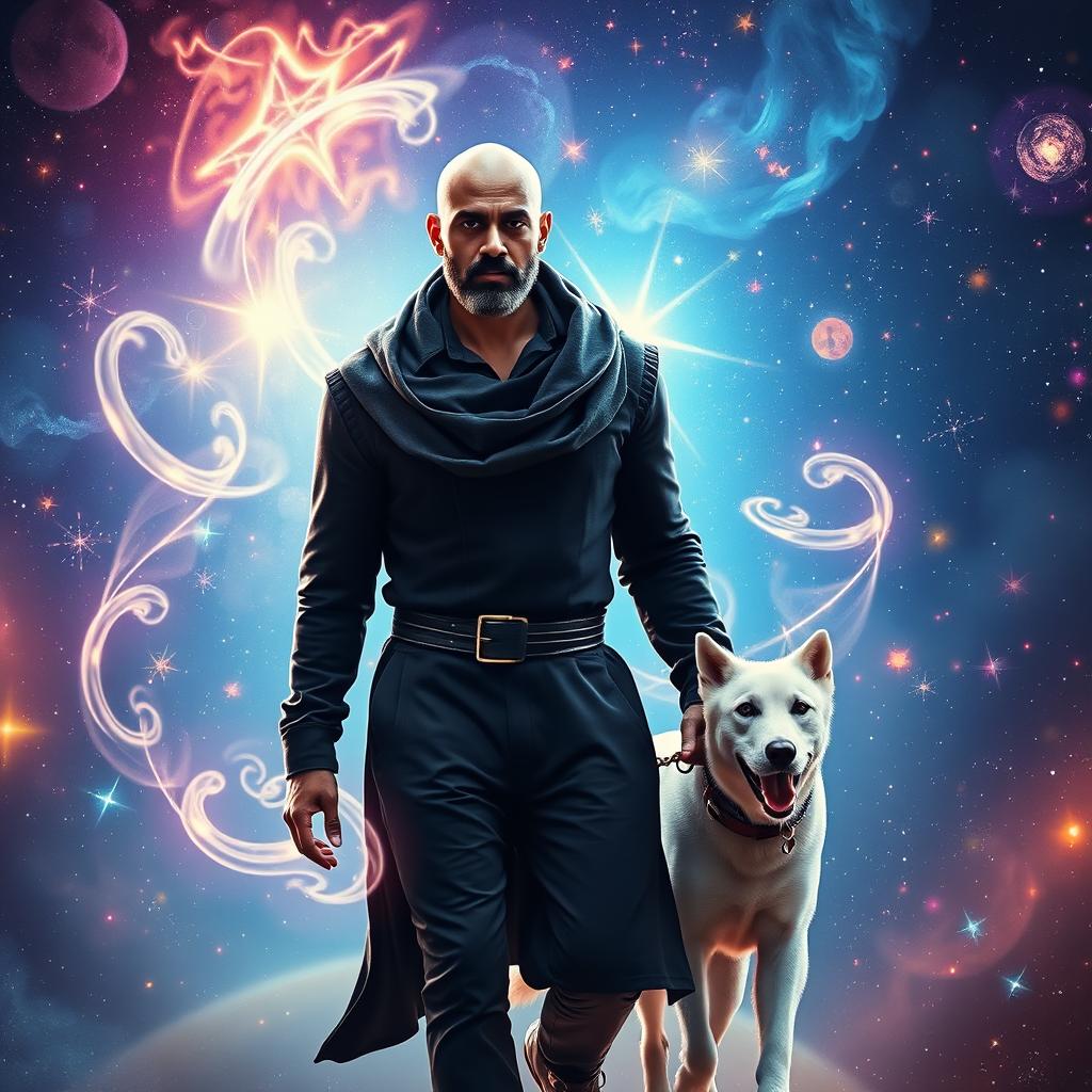 A cinematic fantasy film poster featuring a 27-year-old Indian bald man wearing a stylish black shrug, exuding a powerful presence