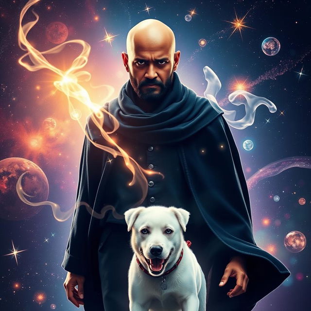 A cinematic fantasy film poster featuring a 27-year-old Indian bald man wearing a stylish black shrug, exuding a powerful presence