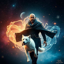 A cinematic fantasy film poster featuring a 27-year-old Indian bald man wearing a stylish black shrug, exuding a powerful presence