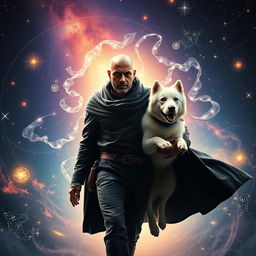 A cinematic fantasy film poster featuring a 27-year-old Indian bald man wearing a stylish black shrug, exuding a powerful presence