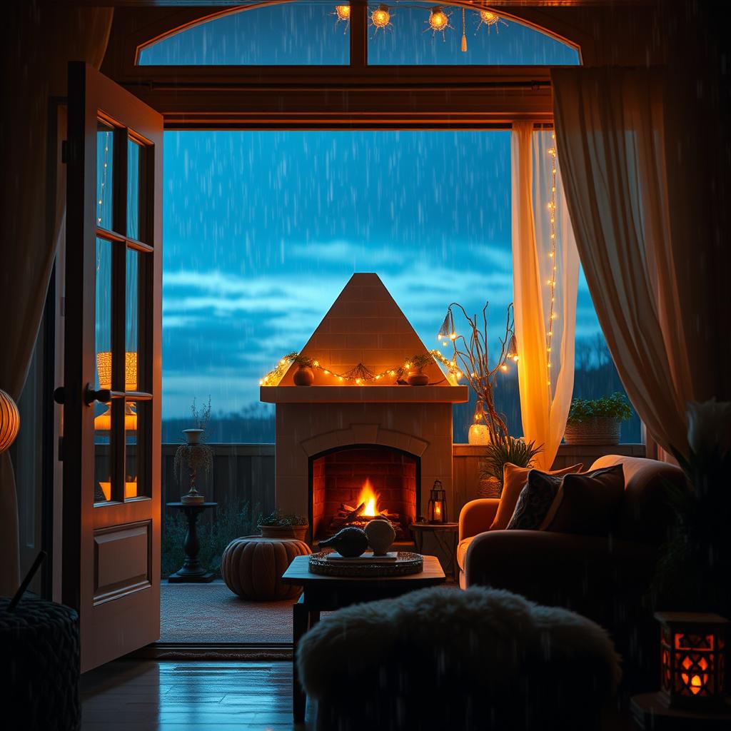 A captivating fantasy movie scene set in a cozy living room during dusk, characterized by a gentle rain outside