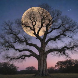 An enchanting scene of an ancient tree with vast branches spanning across the twilight sky, glowing fireflies surrounding it, with the full moon peeking through the silhouette of the leaves.