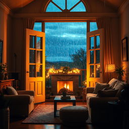 A captivating fantasy movie scene set in a cozy living room during dusk, characterized by a gentle rain outside