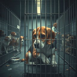 A poignant image depicting a dog confined in a cage at an animal shelter, illustrating the stark contrast between hope and despair