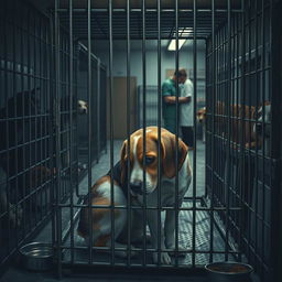 A poignant image depicting a dog confined in a cage at an animal shelter, illustrating the stark contrast between hope and despair