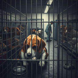 A poignant image depicting a dog confined in a cage at an animal shelter, illustrating the stark contrast between hope and despair