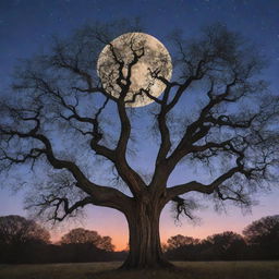 An enchanting scene of an ancient tree with vast branches spanning across the twilight sky, glowing fireflies surrounding it, with the full moon peeking through the silhouette of the leaves.