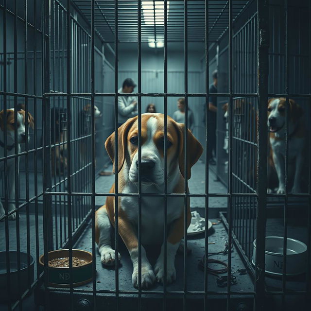 A poignant image depicting a dog confined in a cage at an animal shelter, illustrating the stark contrast between hope and despair