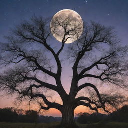 An enchanting scene of an ancient tree with vast branches spanning across the twilight sky, glowing fireflies surrounding it, with the full moon peeking through the silhouette of the leaves.